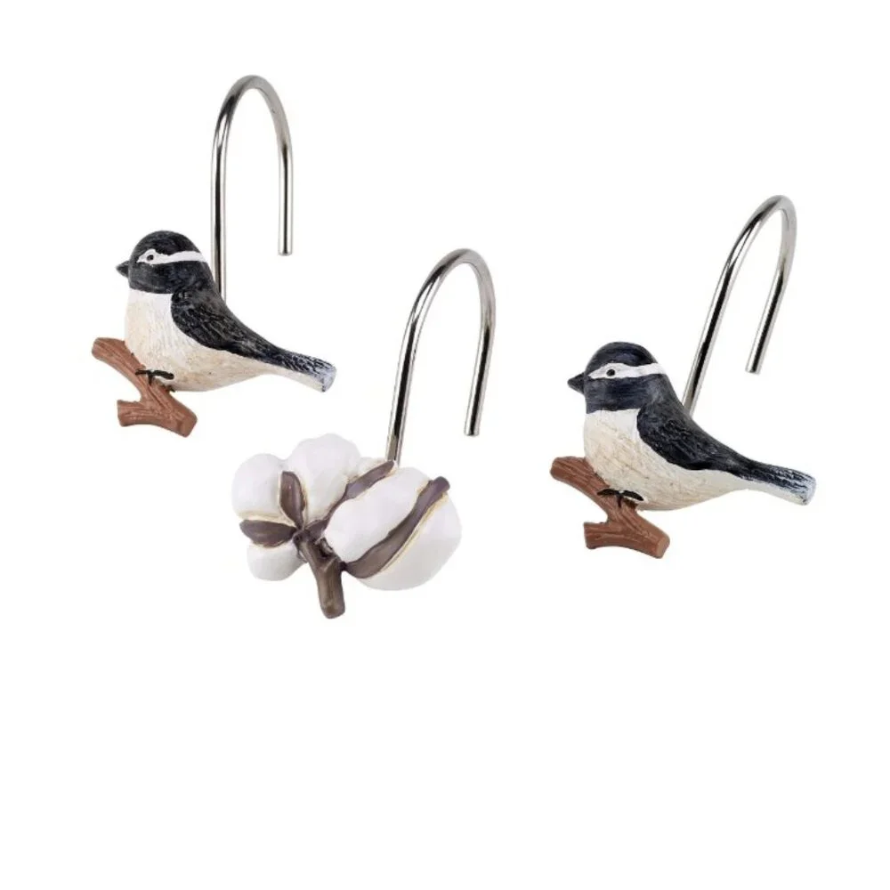 NEW Shower Curtain Hooks Multicolor Chickadee Bird Bathroom Decor Cotton Ball Pl